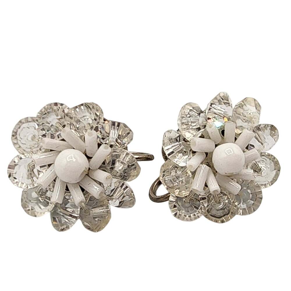 Vintage Crystal Milk Glass Earrings 1940s Screw Back Faceted Bridal Flowers